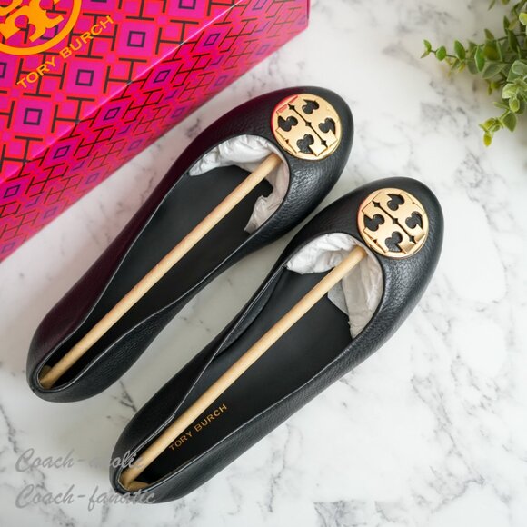 NIB Tory Burch Signature Logo Classic Chelsea Ballet Flat in Black/Gold - Picture 1 of 9